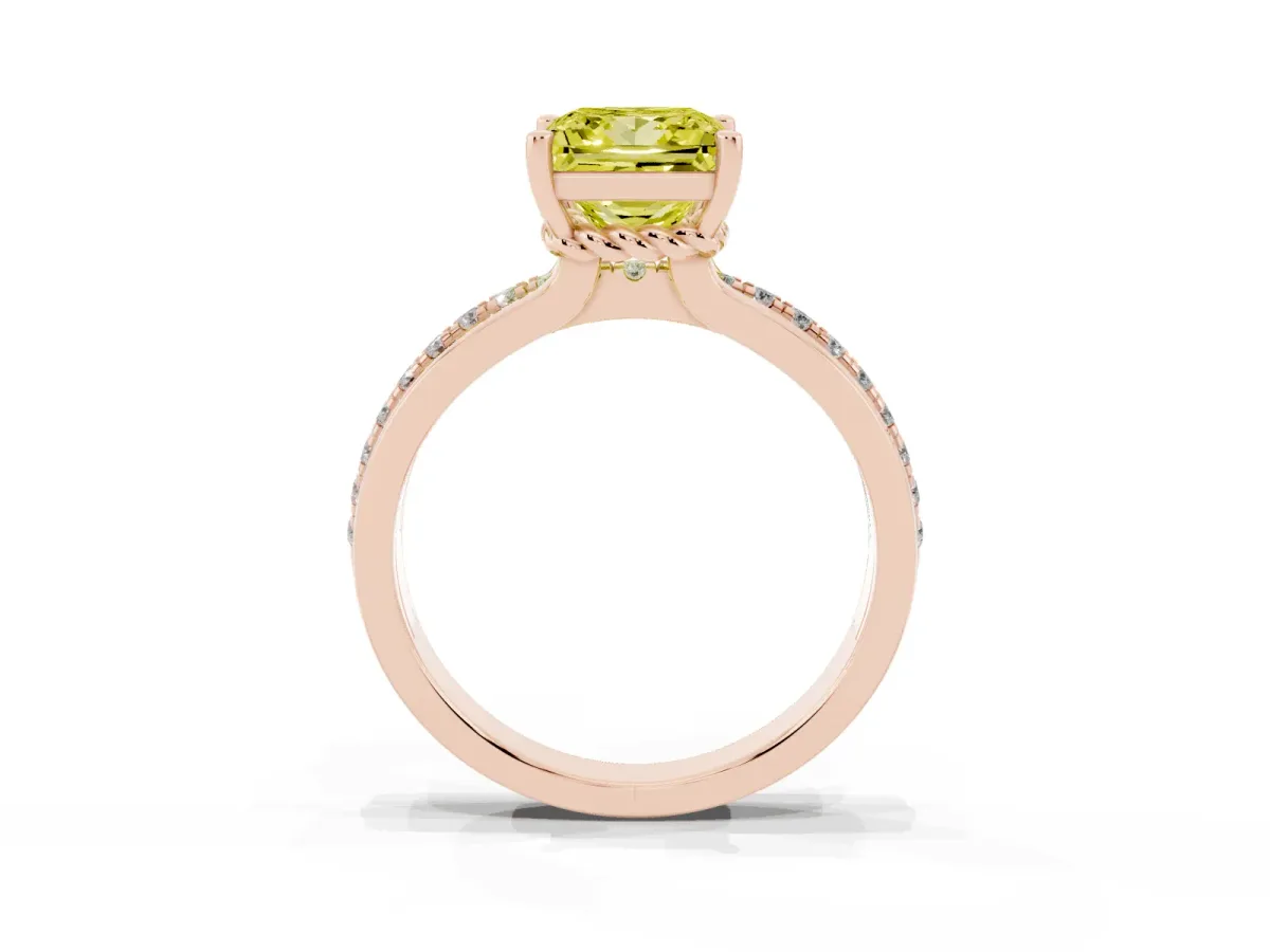 Fancy Yellow Princess Cut Solitaire Diamond Ring with Channel Set Band and Six-Prong Setting Rose gold