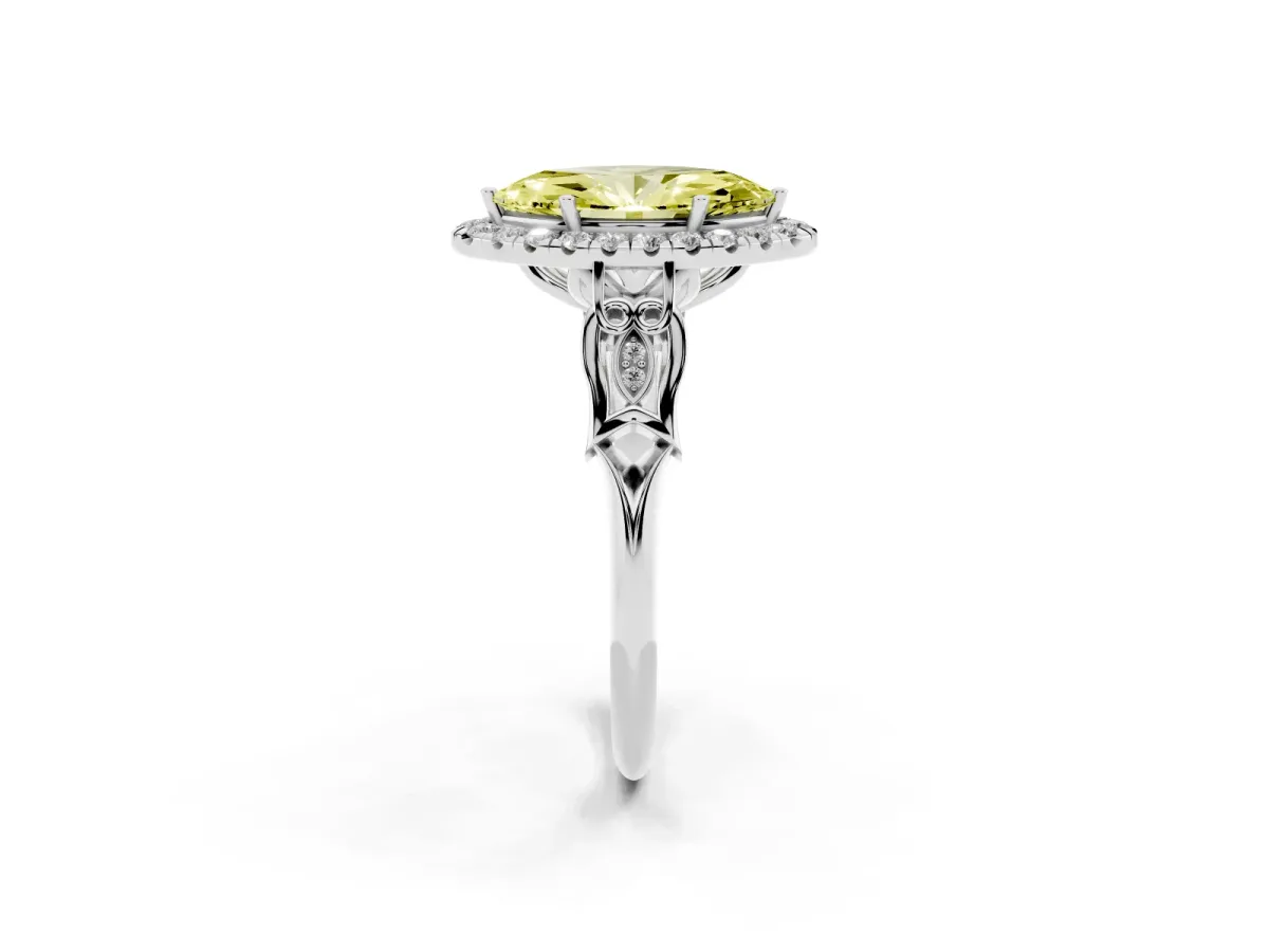 Fancy Yellow Marquise Cut Halo Diamond Engagement Ring with Filigree Band and Four-Prong Setting Platinum