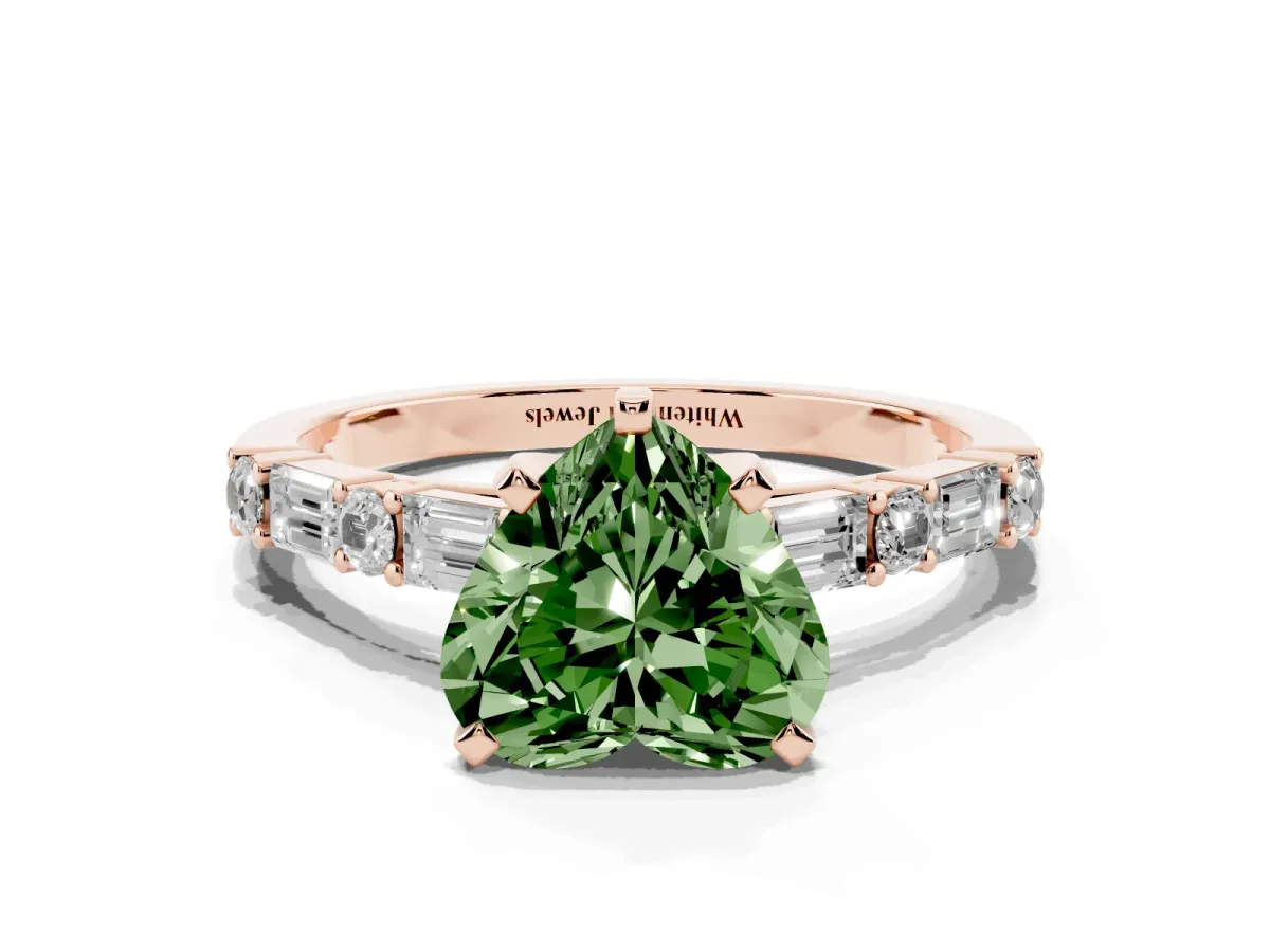 Fancy Green Heart Cut Diamond Solitaire with Side Baguettes and Channel Set Band Rose gold
