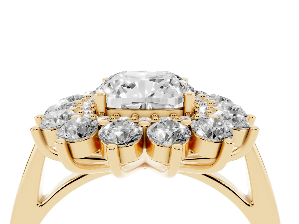 Cushion Cut Diamond Floral Double Halo Engagement Ring with Prong Setting Yellow gold