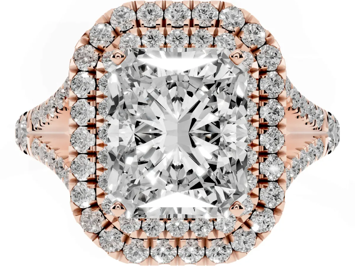 Double Halo Radiant Cut Diamond Split Shank Engagement Ring with Four-Prong Setting Rose gold