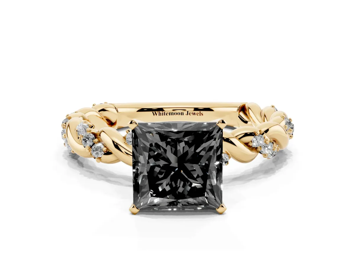 Fancy Black Princess Cut Diamond Solitaire Ring with Twisted Band and Pavé Accents Yellow gold