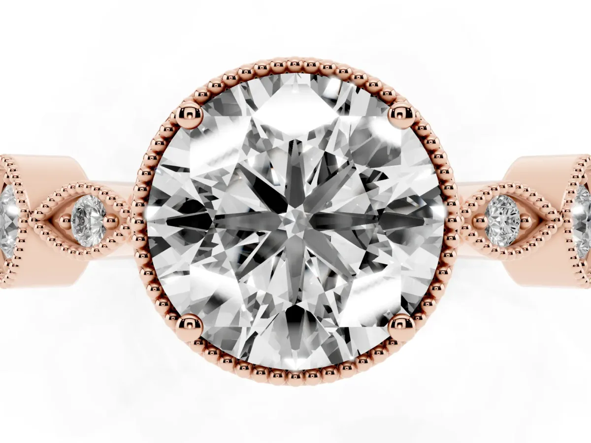 Round Cut Diamond Vintage Milgrain Ring with Round Stations Rose gold