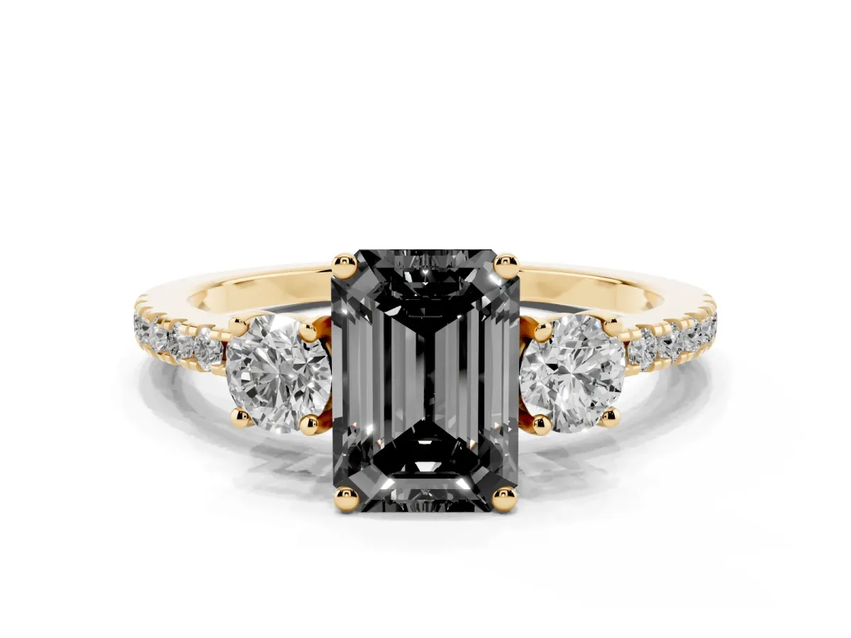 Fancy Black Three-Stone Emerald Cut Cut Diamond Pavé Band with Prong Setting Yellow gold