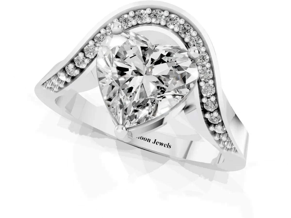 Heart Cut Solitaire Diamond Engagement Ring with Pave Band and Four-Prong Setting Silver