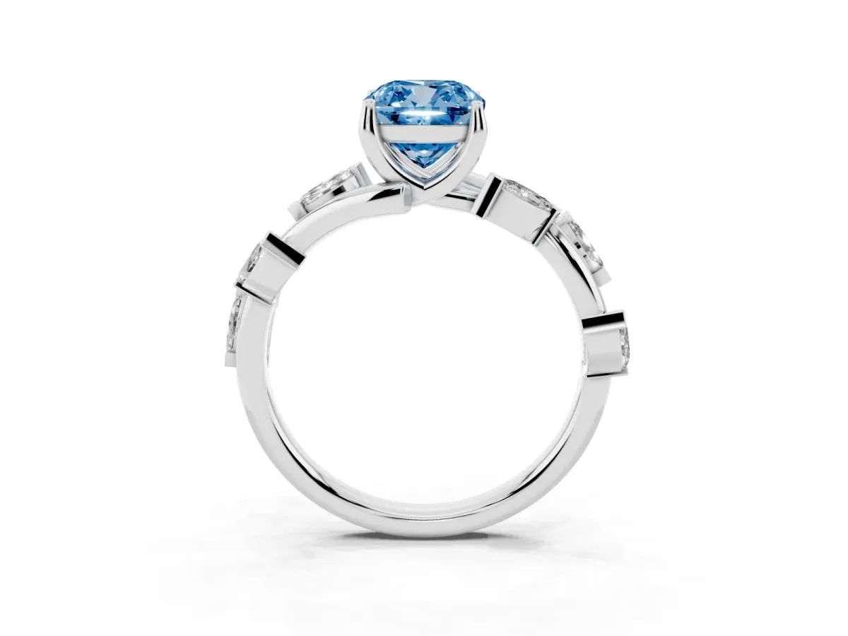 Fancy Blue Cushion Cut Solitaire Twisted Band Marquise Accent Prong Setting Ring Platinum