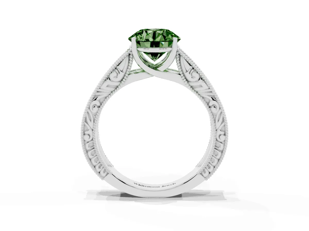Fancy Green Round Cut Diamond Solitaire Ring with Engraved Band and Four-Prong Setting White gold