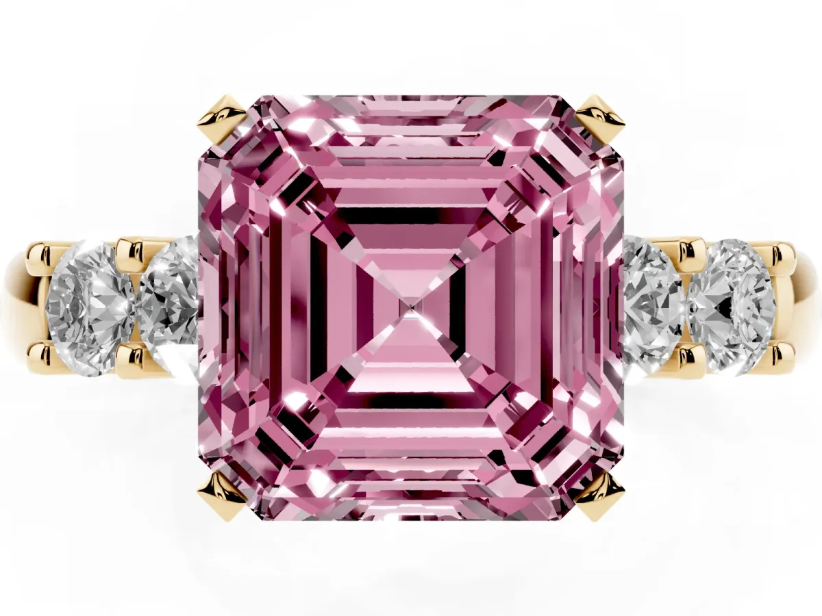 Fancy Pink Asscher Cut Brilliant Cut Diamond Five-Stone Prong Set Engagement Ring with Channel Band Yellow gold