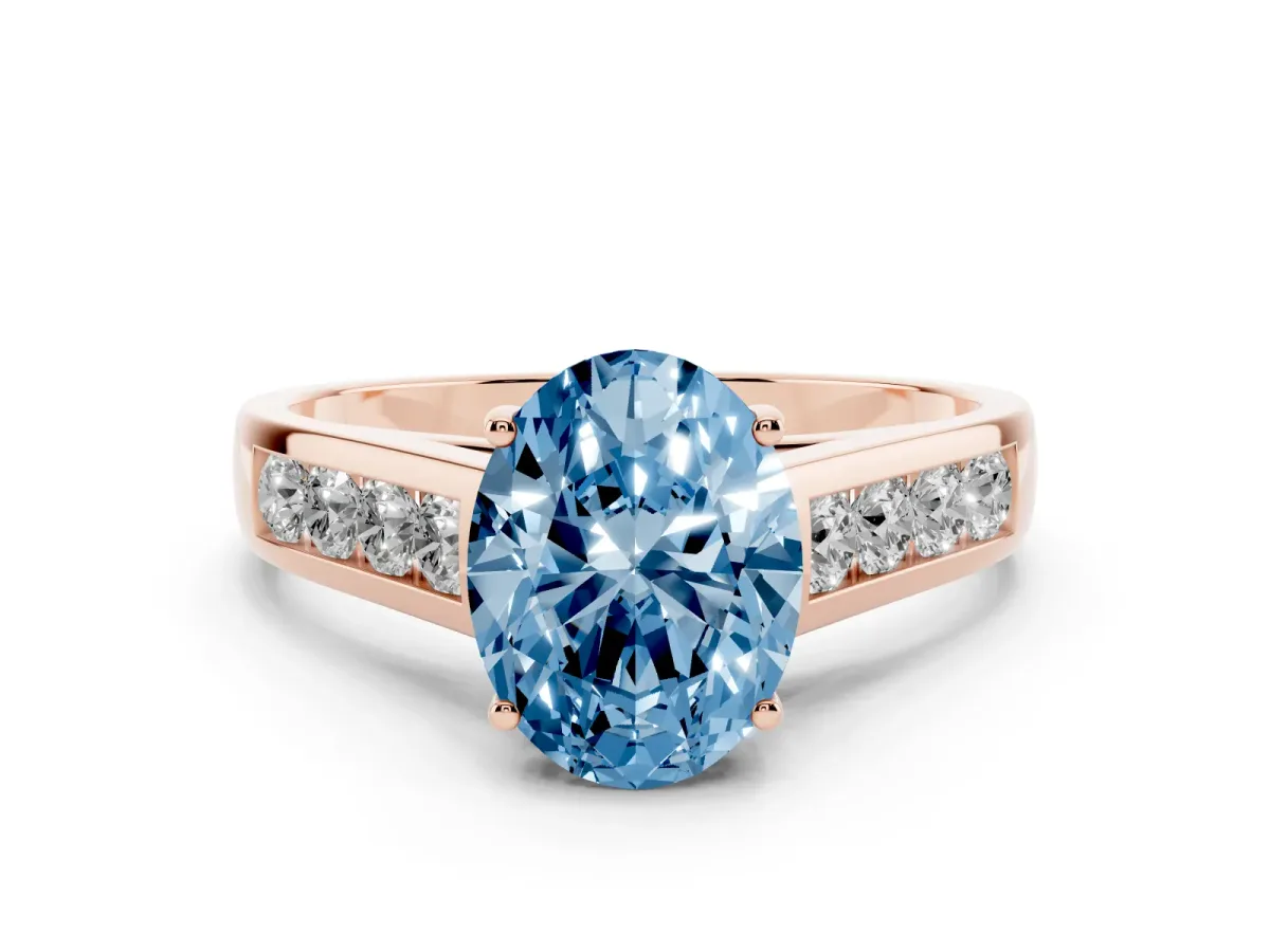 Fancy Blue Oval Cut Solitaire Channel-Set Diamond Engagement Ring with Four-Prong Setting Rose gold