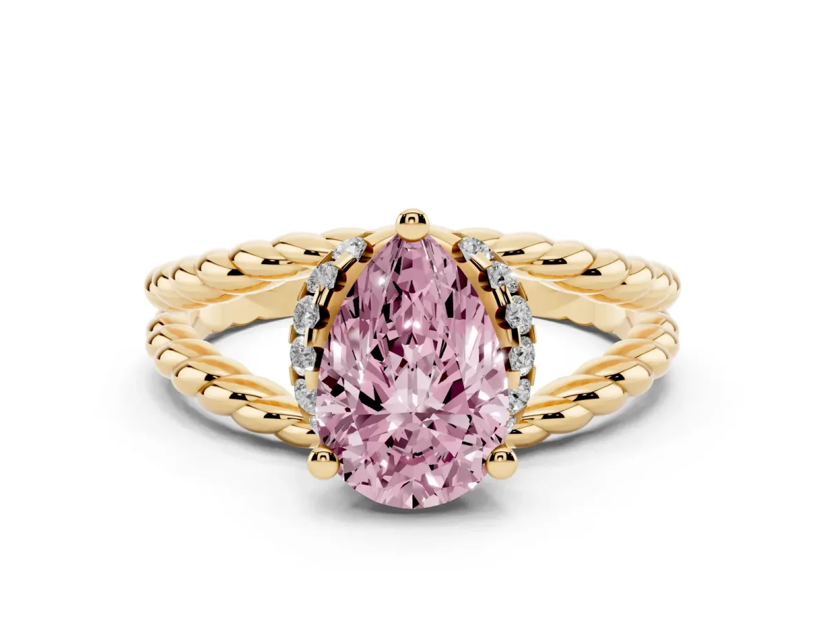 Fancy Pink Pear Cut Halo Twisted Band Four-Prong Ring Yellow gold
