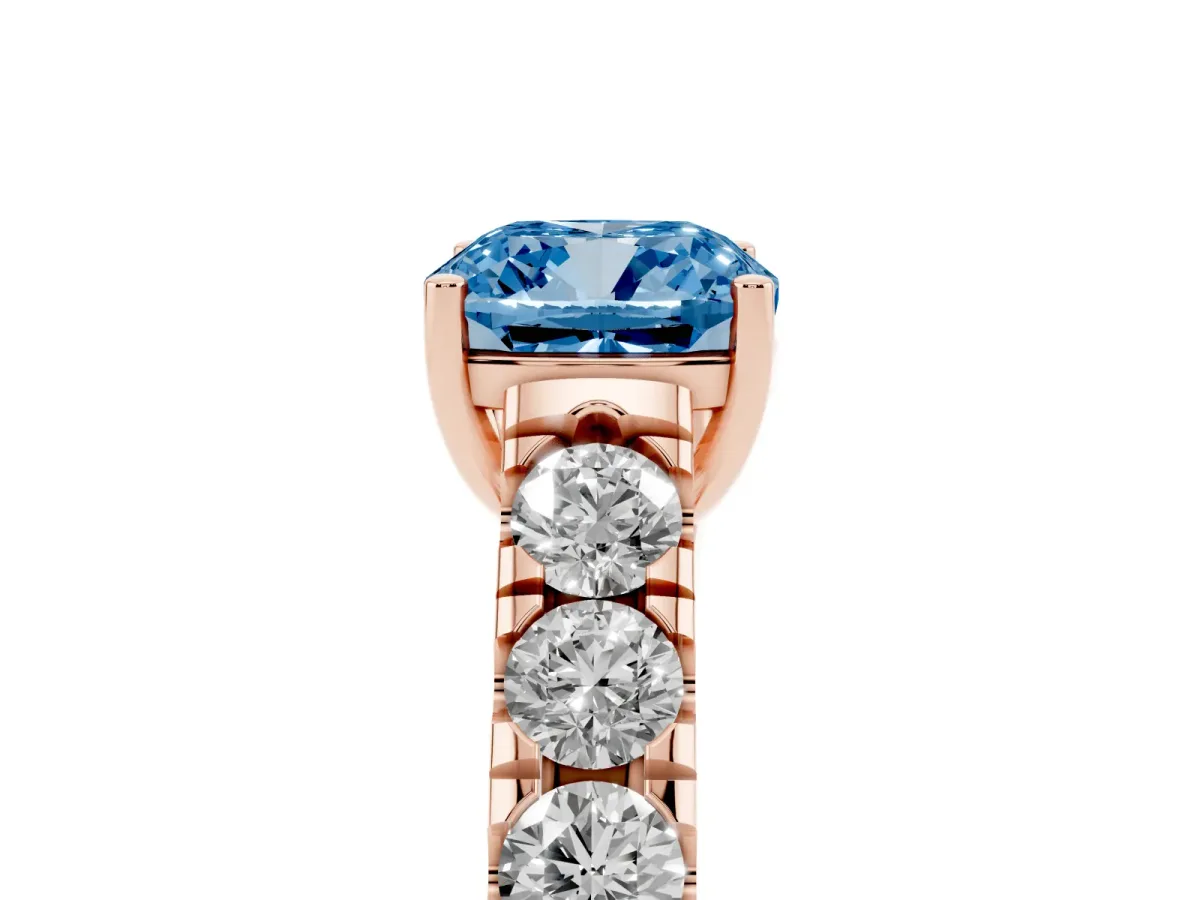 Fancy Blue Cushion Cut Cut Diamond Solitaire Ring with Micro Pave Band and Prong Setting Rose gold