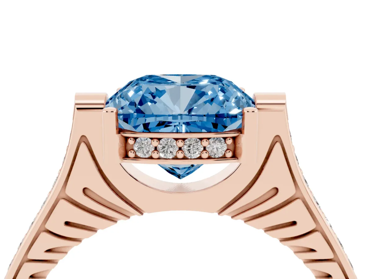 Fancy Blue Cushion Cut Solitaire Diamond Ring with Channel Set Band and Bezel Prong Setting Rose gold