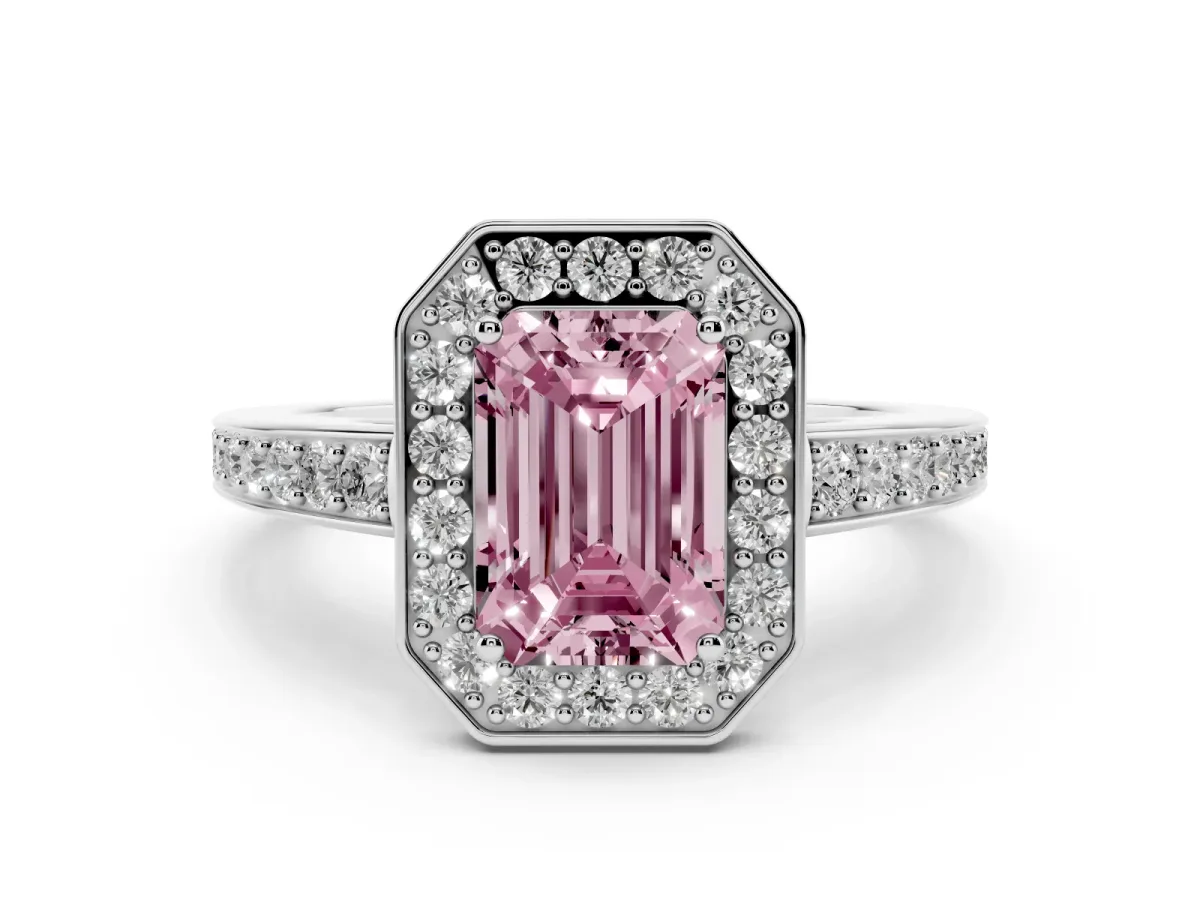 Fancy Pink Emerald Cut Halo Pavé Diamond Engagement Ring with Bezel Setting Silver