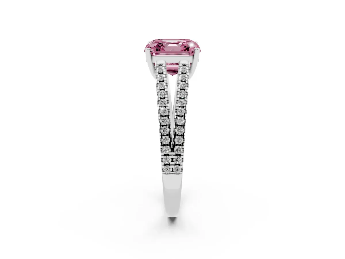 Fancy Pink Asscher Cut Diamond Solitaire Engagement Ring with Split Shank Pavé Band Platinum