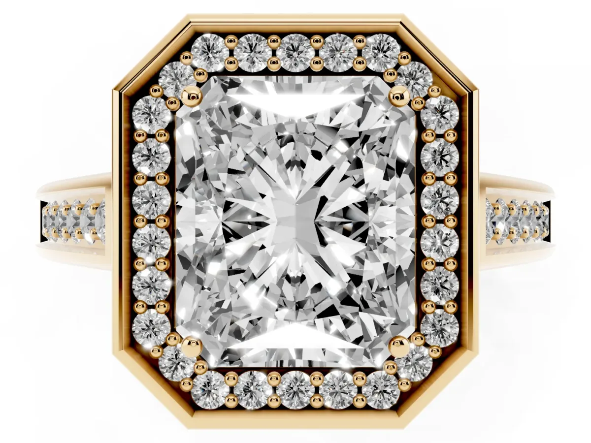 Emerald Cut Halo Solitaire Diamond Ring with Pave Band and Bezel Setting Yellow gold