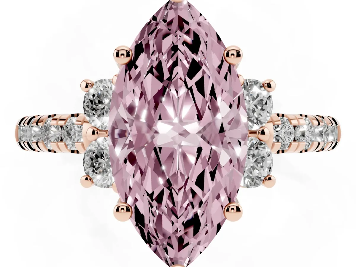 Fancy Pink Marquise Cut Diamond Three-Stone Pave Band with Four-Prong Setting Rose gold