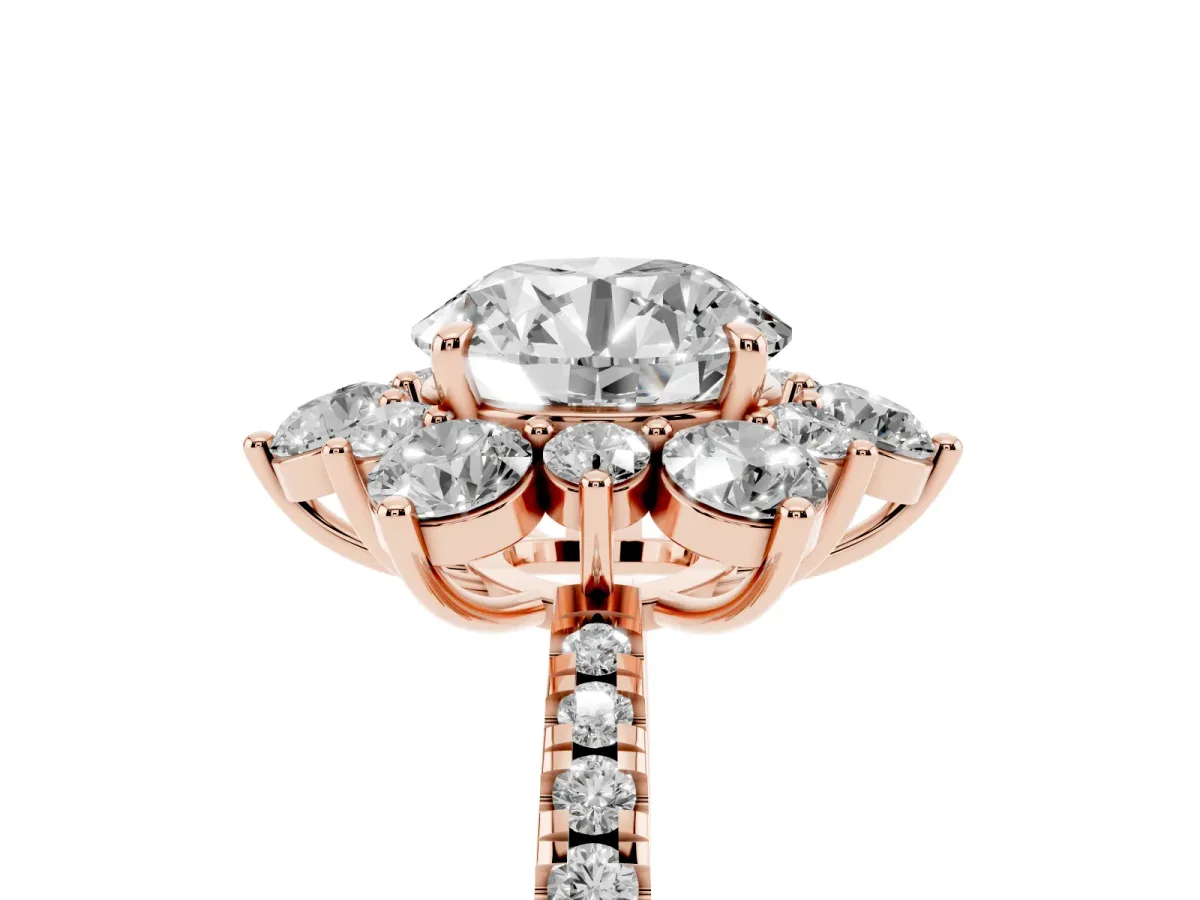 Round Cut Diamond Floral Halo Ring with Round Pavé Band and Prong Setting Rose gold