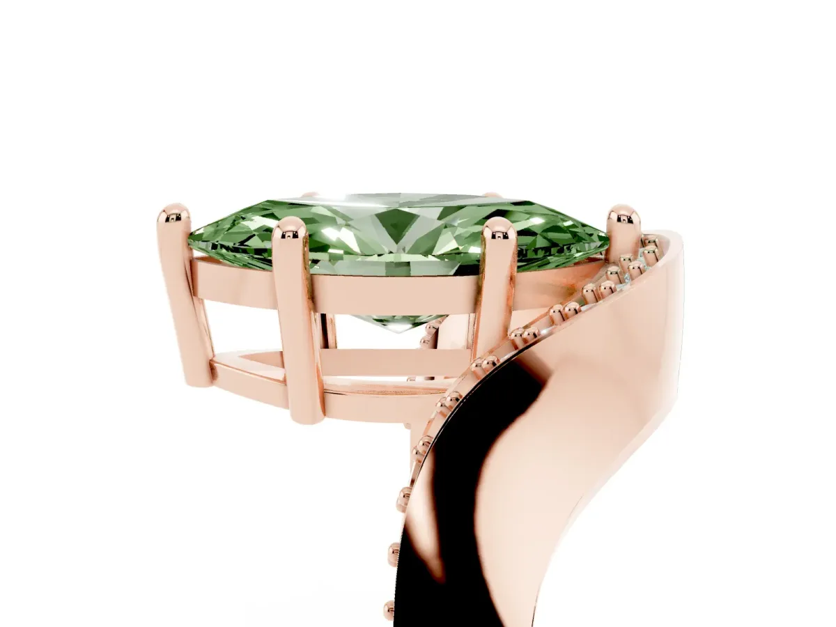 Fancy Green Marquise Cut Solitaire Diamond Engagement Ring with Pave Band and Four-Prong Setting Rose gold