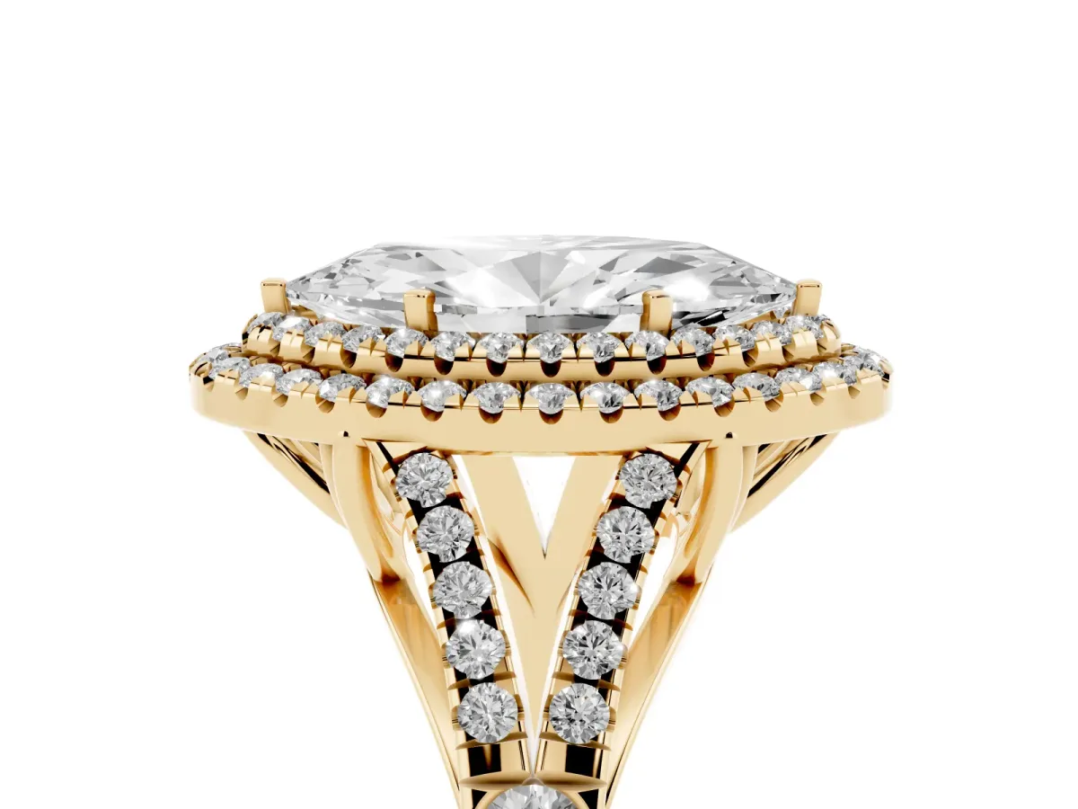 Marquise Cut Diamond Pavé Split Shank Double Halo Engagement Ring Yellow gold