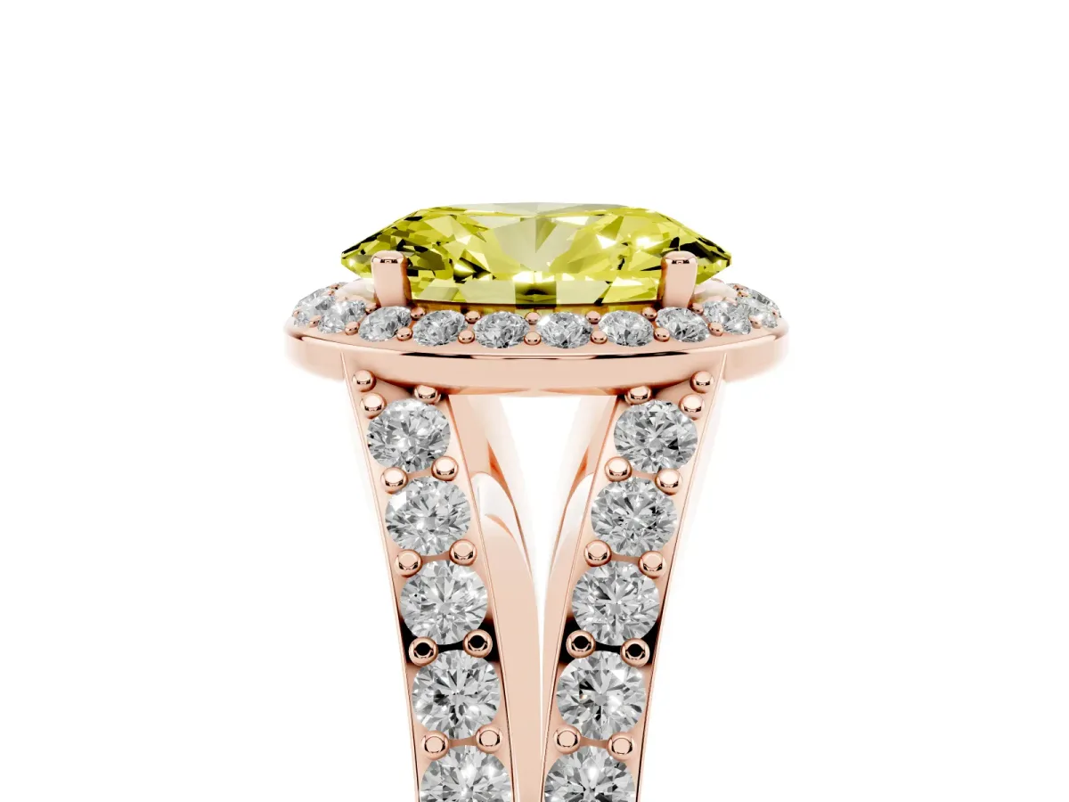 Fancy Yellow Oval Cut Diamond Split Shank Halo Ring with Four-Prong Setting Rose gold