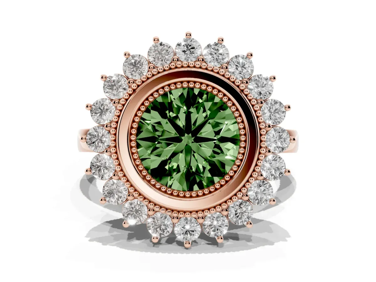 Fancy Green Round Cut Halo Diamond Ring with Milgrain Edge and Round Prong Setting Rose gold