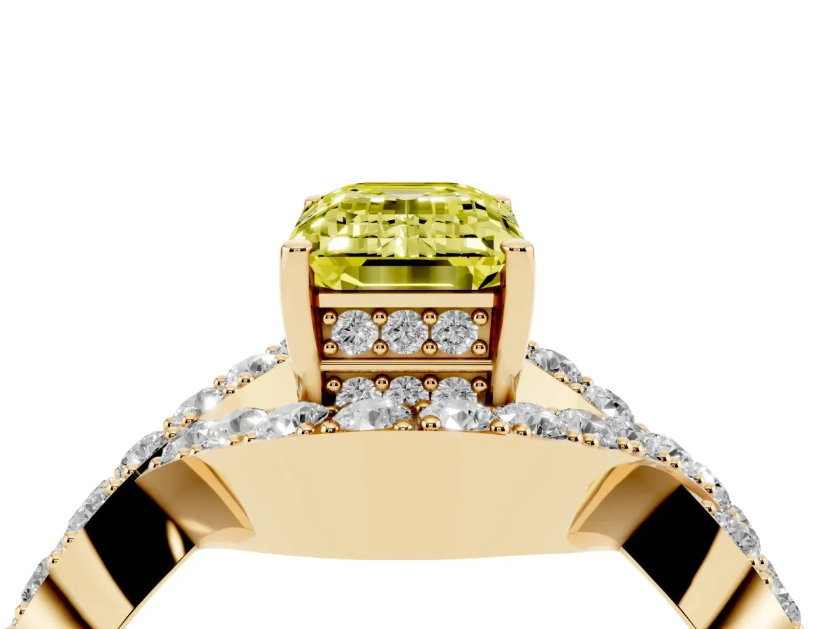 Fancy Yellow Emerald Cut Solitaire Twist Band Pavé Diamond Engagement Ring Yellow gold