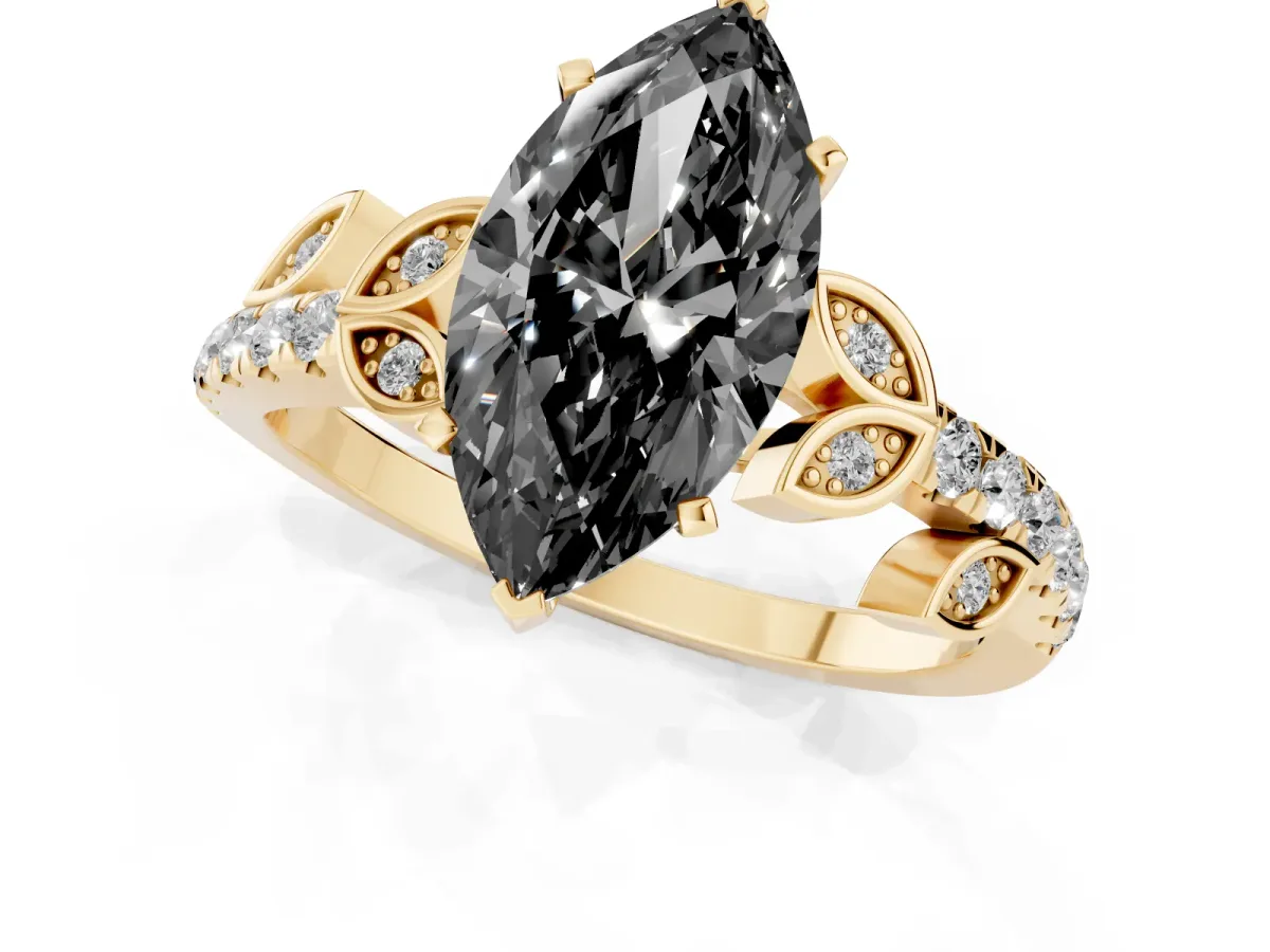 Fancy Black Marquise Cut Solitaire Leaf-Inspired Diamond Ring with Pavé Band and Four-Prong Setting Yellow gold