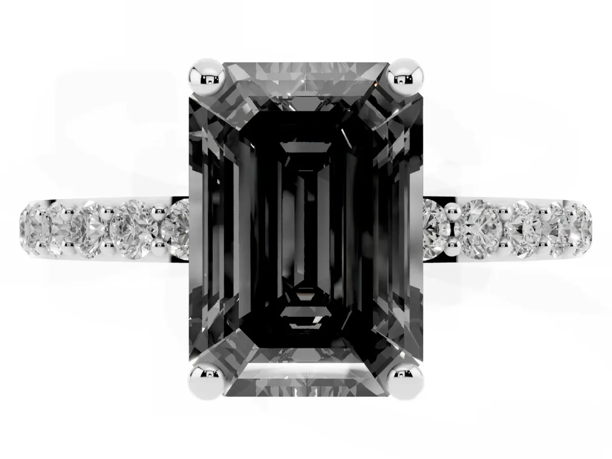 Fancy Black Emerald Cut Diamond Solitaire Ring with Round Pavé Band and Prong Setting Silver