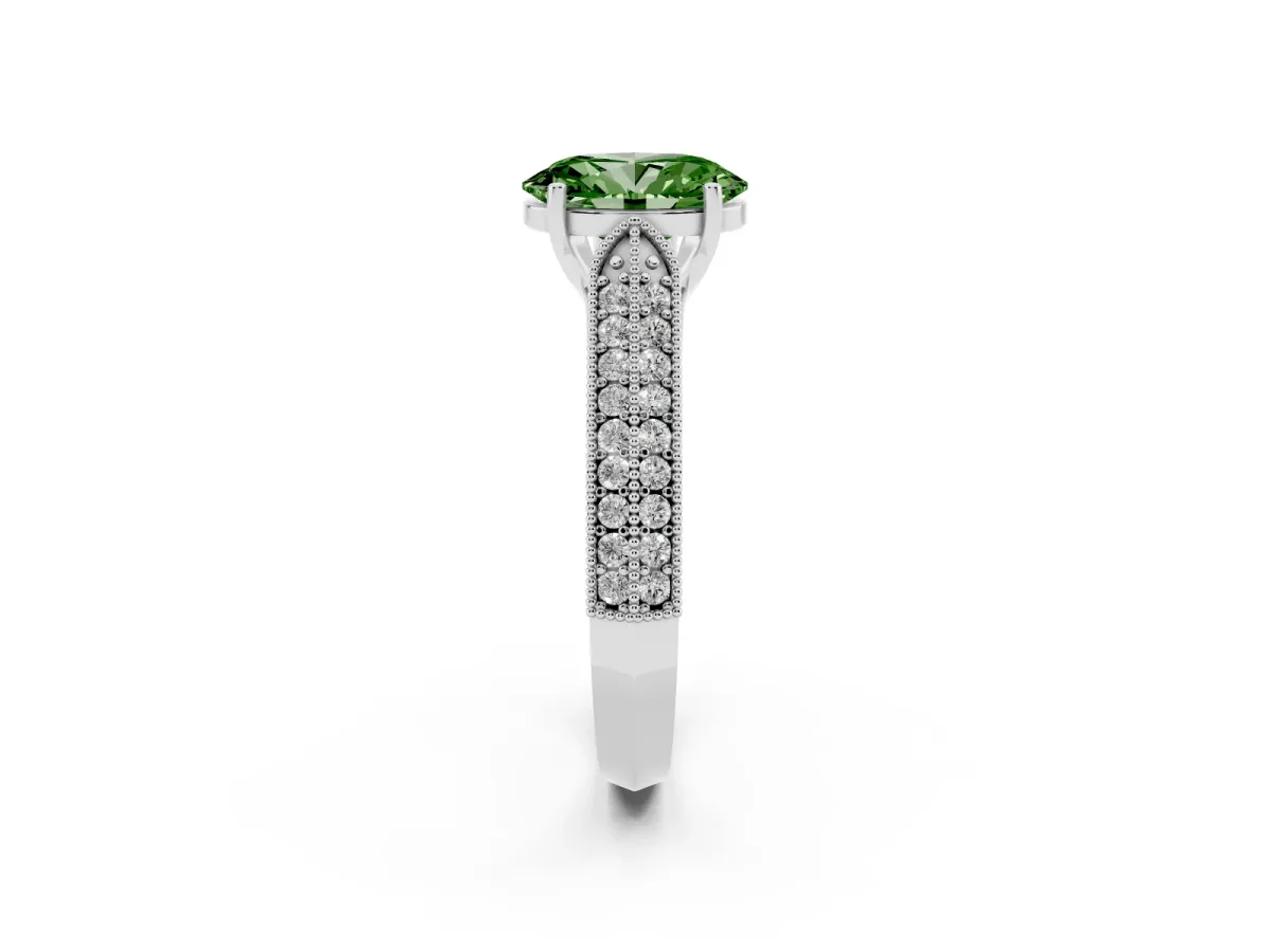 Fancy Green Oval Cut Cut Pave Split Shank Engagement Ring with Four-Prong Setting Silver