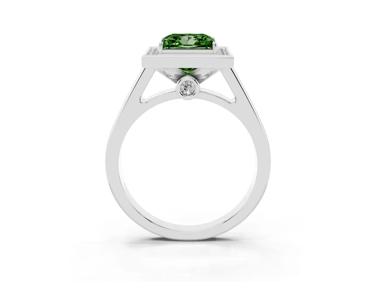 Fancy Green Princess Cut Halo Solitaire Diamond Ring with Pave Band and Bezel Setting Silver