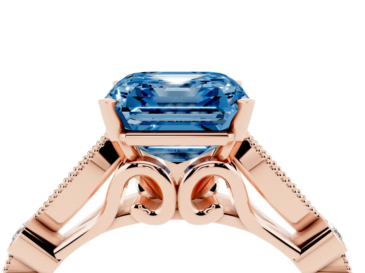 Fancy Blue Asscher Cut Cut Diamond with Milgrain Marquise and Bezel Accents on a Solitaire Band with Prong Setting Rose gold