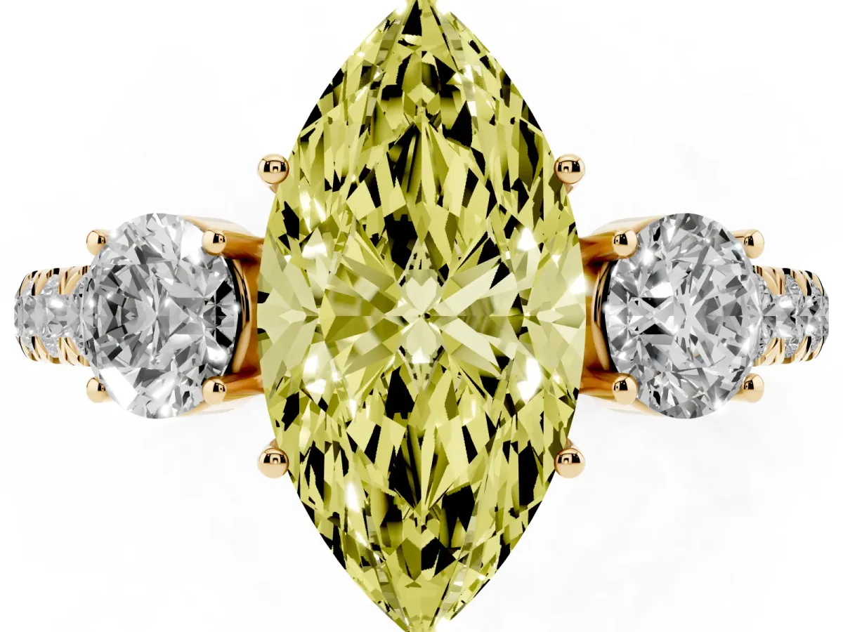 Fancy Yellow Marquise Cut Cut Diamond Three-Stone Ring with Round Side Stones and Pavé Band Yellow gold