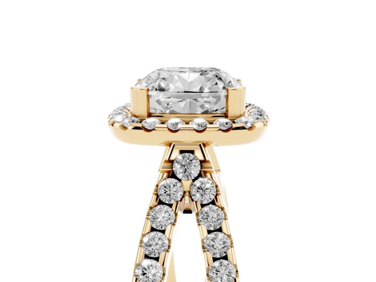 Cushion Cut Diamond Halo Ring with Split Shank Pavé Band and Prong Setting Yellow gold