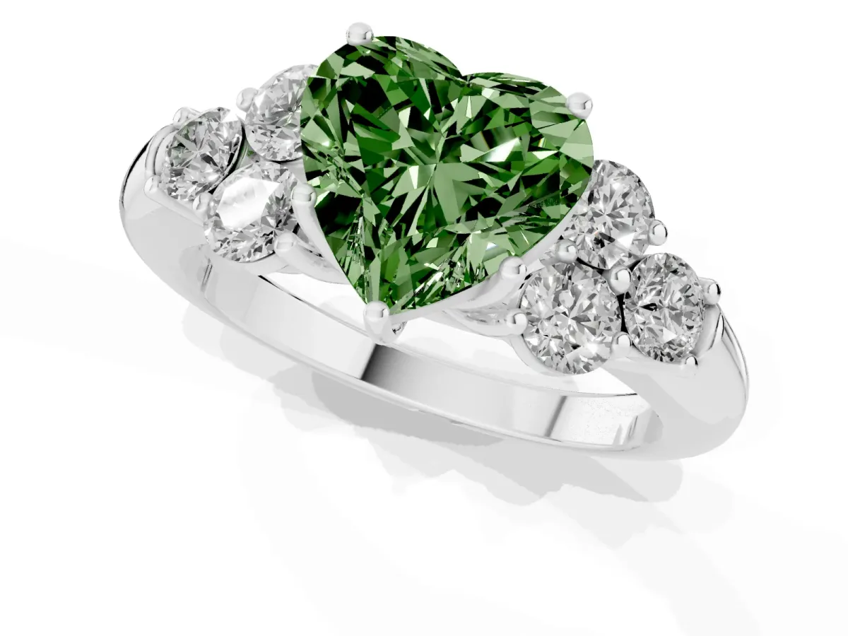 Fancy Green Heart Cut Cut Diamond Cluster Ring with Round Accent Stones and Prong Setting on a Classic Band White gold