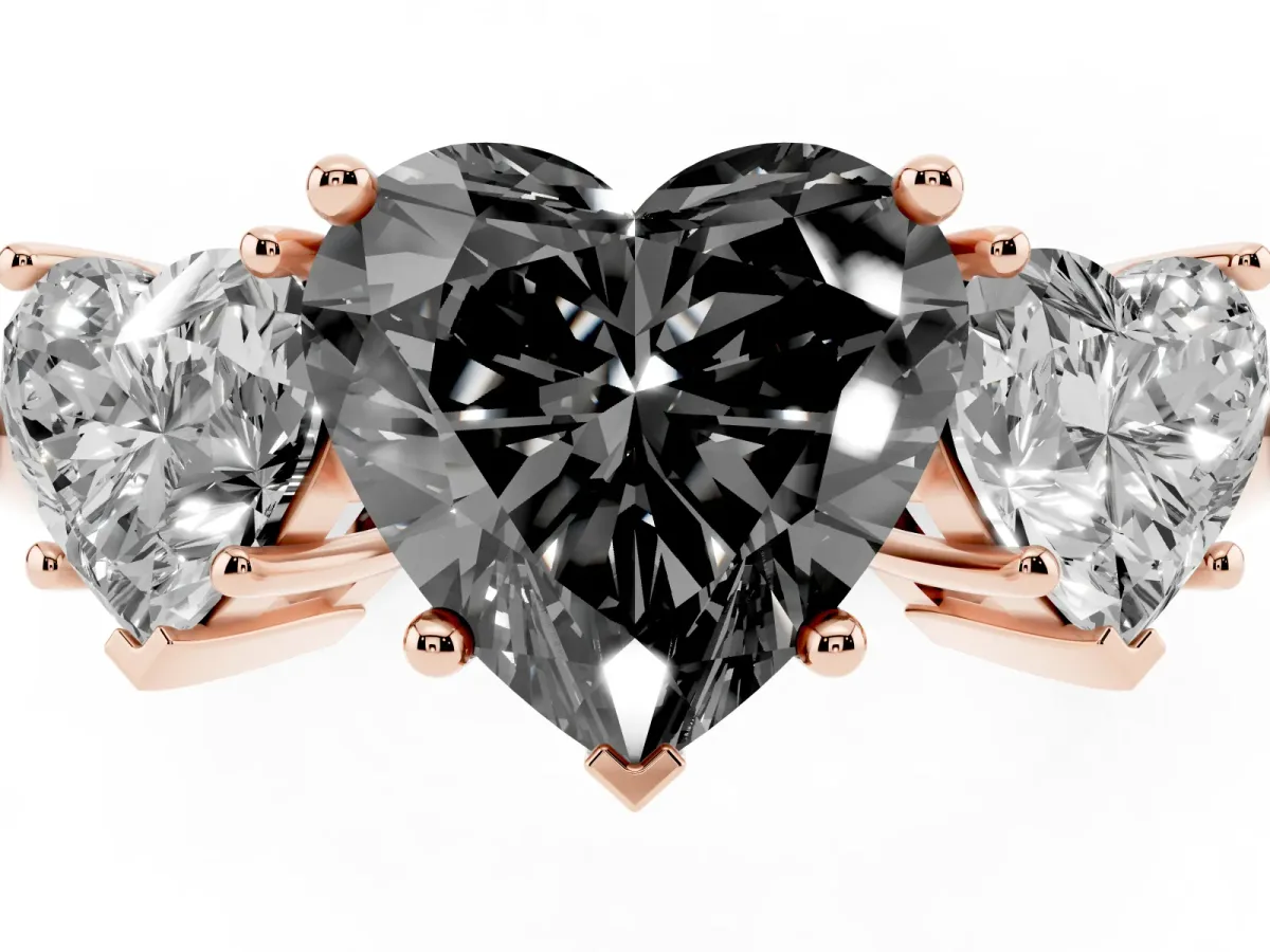 Fancy Black Three-Stone Heart Cut Cut Diamond Engagement Ring with Prong Setting on a White Gold Band Rose gold
