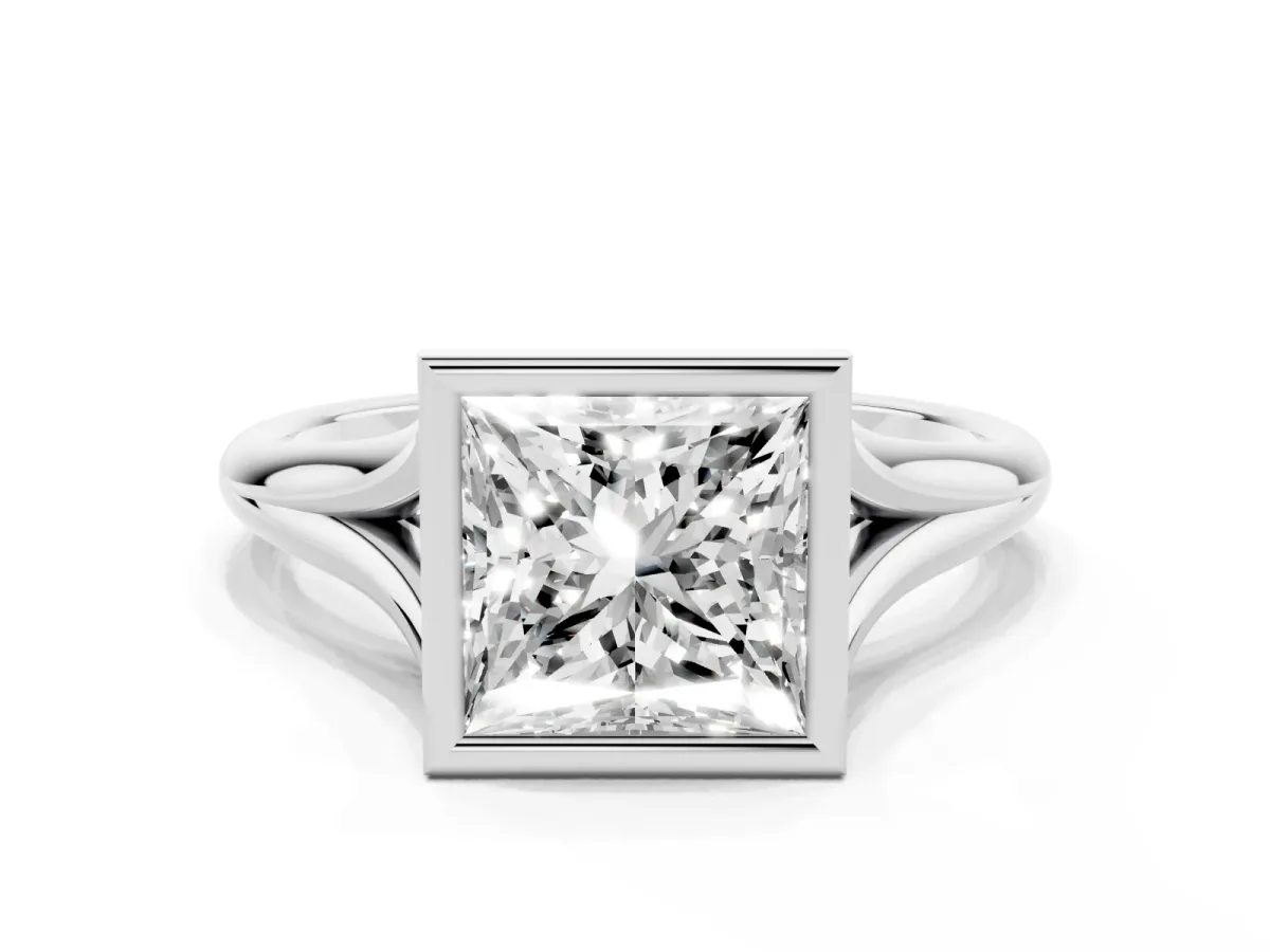 Bezel Set Princess Cut Cut Solitaire Ring with Tapered Band Silver