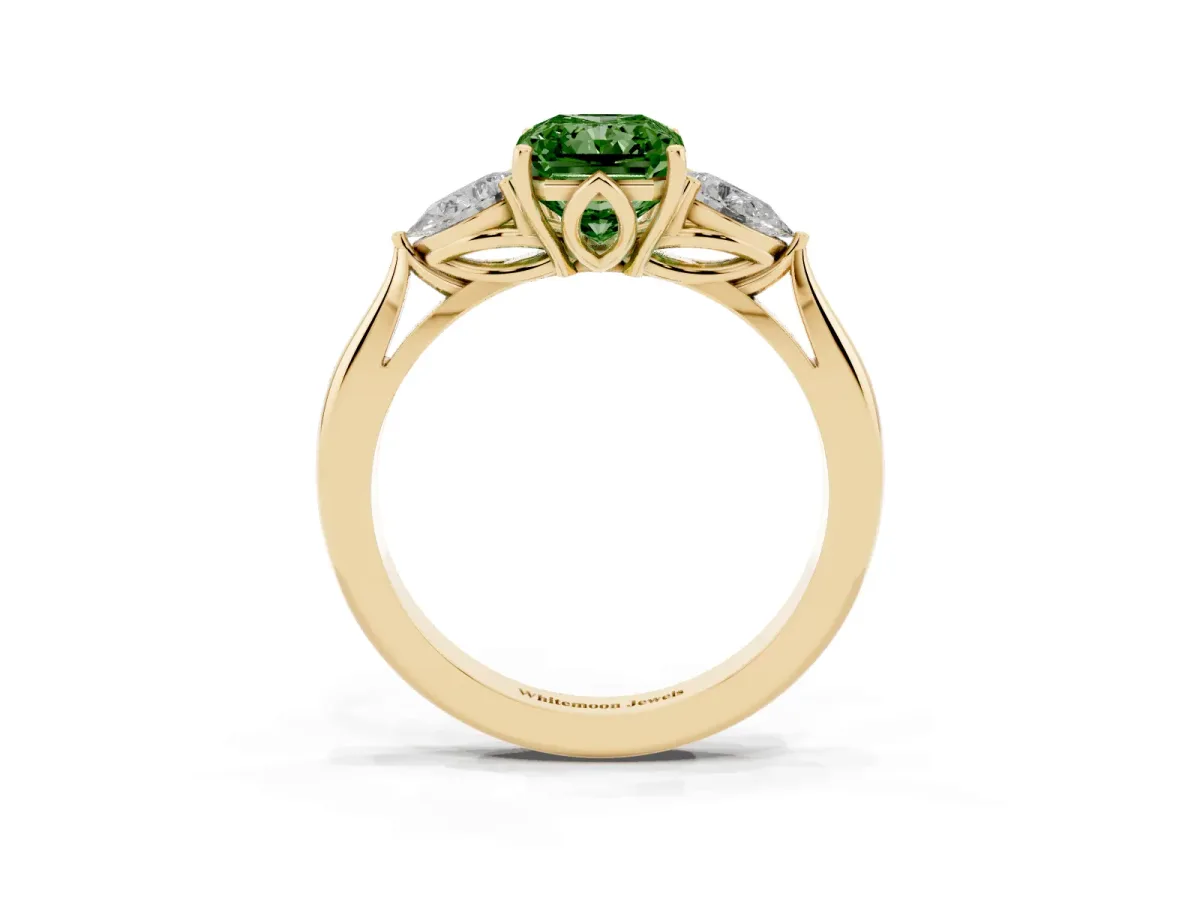 Fancy Green Radiant Cut Diamond Three-Stone Ring with Pear Side Stones and Prong Setting Yellow gold
