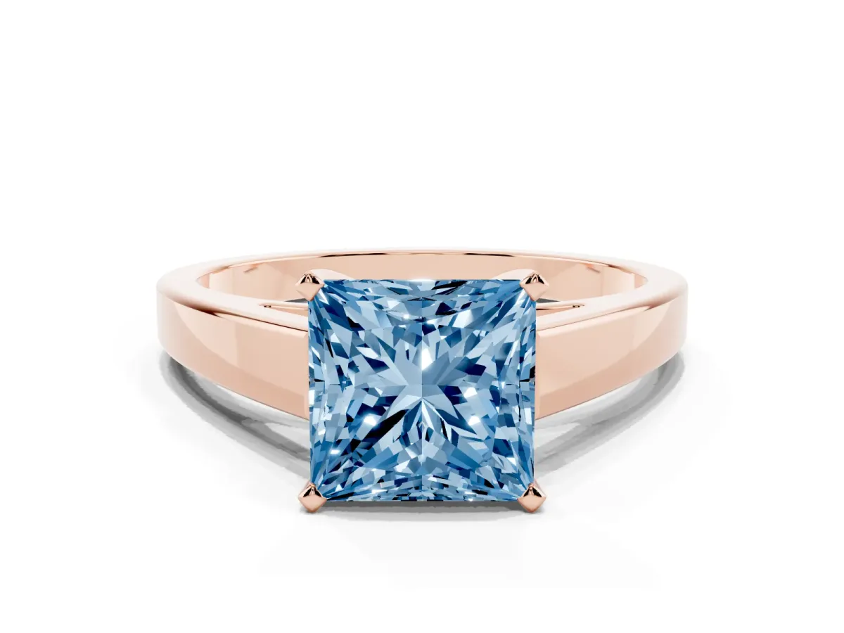 Fancy Blue Princess Cut Solitaire Engagement Ring with Four-Prong Setting and Tapered Band Rose gold
