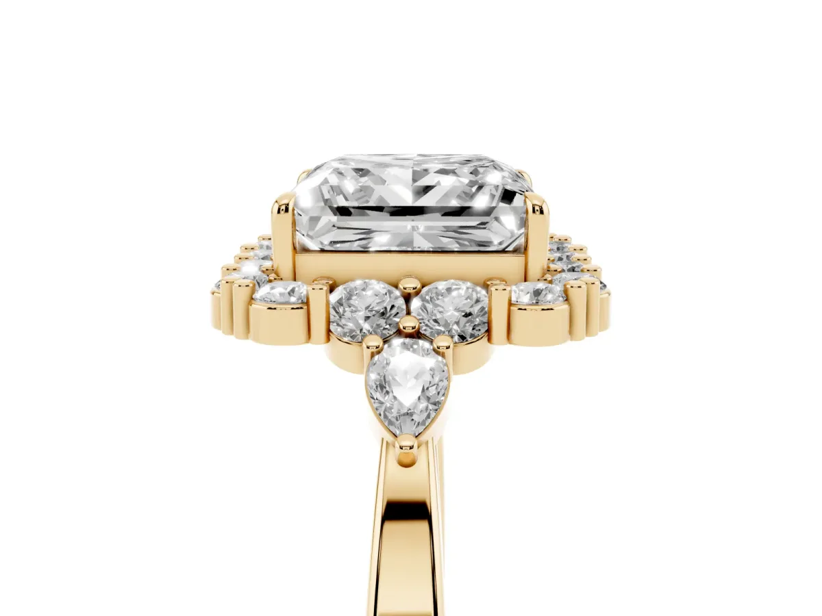 Princess Cut Diamond Halo Ring with Pear Side Stones and Prong Setting Yellow gold