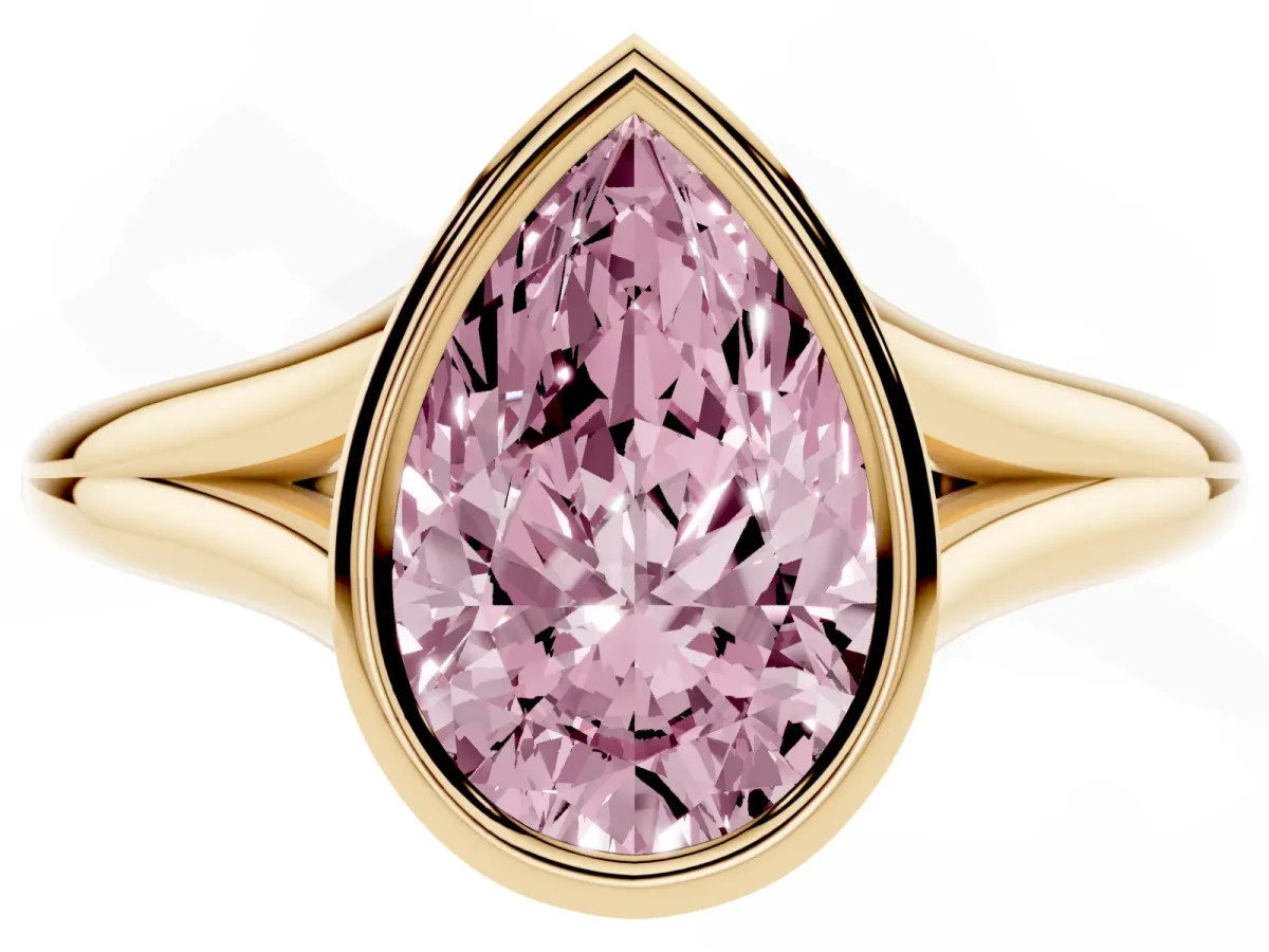 Fancy Pink Bezel Set Pear Cut Cut Solitaire Ring with Tapered Band Yellow gold