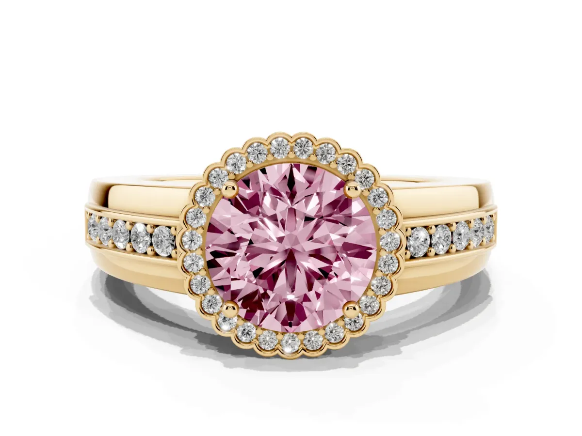 Fancy Pink Round Cut Cut Halo Pave Band Four-Prong Ring Yellow gold