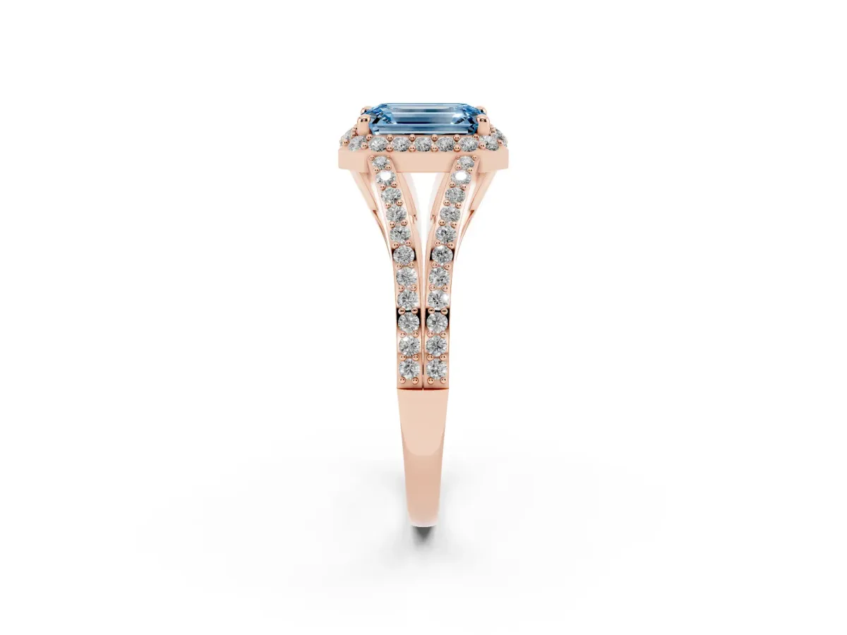 Fancy Blue Emerald Cut Halo Split Shank Pave Diamond Ring with Four-Prong Setting Rose gold