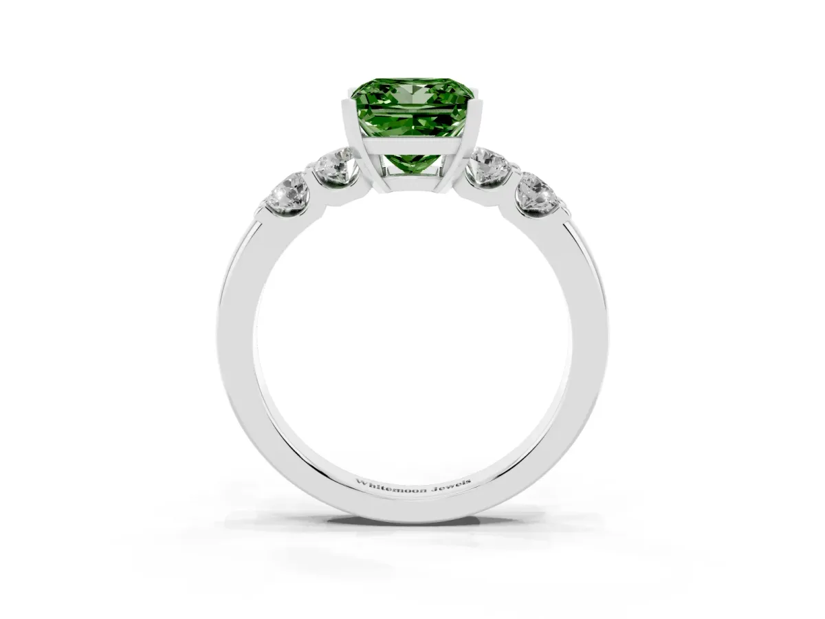 Fancy Green Princess Cut Brilliant Cut Diamond Five-Stone Prong Set Engagement Ring with Channel Band White gold