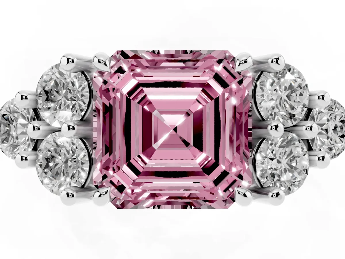 Fancy Pink Asscher Cut Brilliant Diamond Cluster Accent Solitaire Ring with Prong Setting Silver