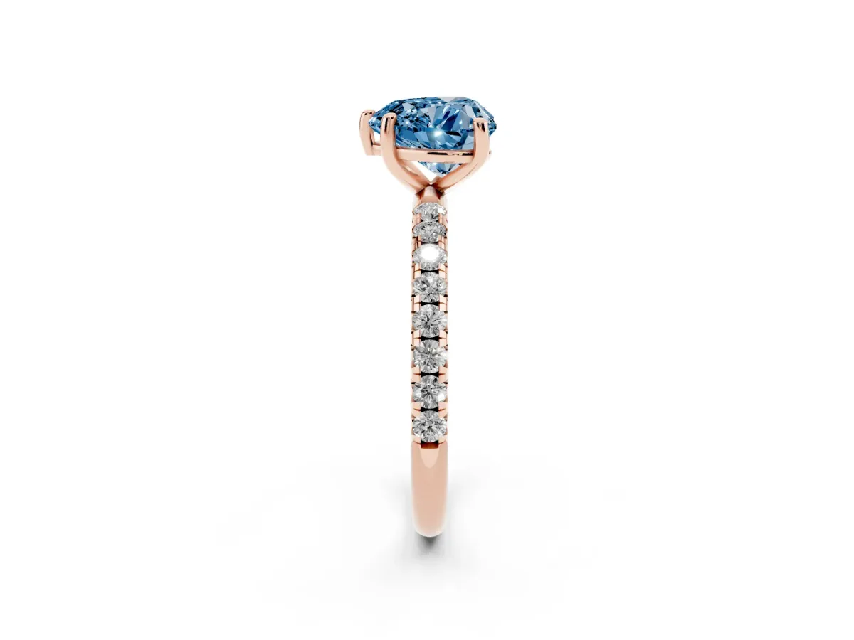 Fancy Blue Heart Cut Cut Diamond Solitaire Ring with Micro Pave Band and Four Prong Setting Rose gold