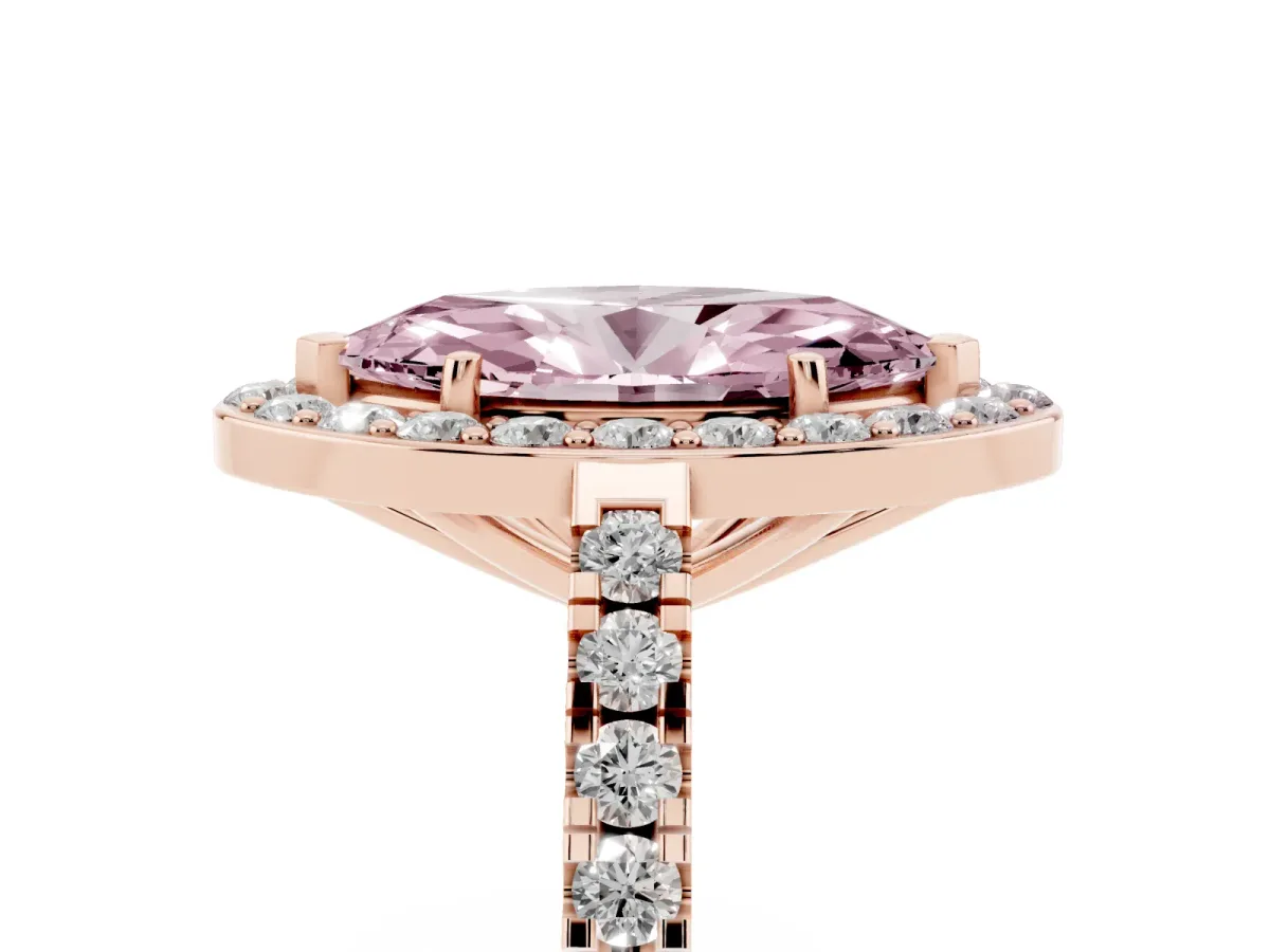 Fancy Pink Marquise Cut Diamond Halo Ring with Round Pavé Split Shank and Prong Setting Rose gold