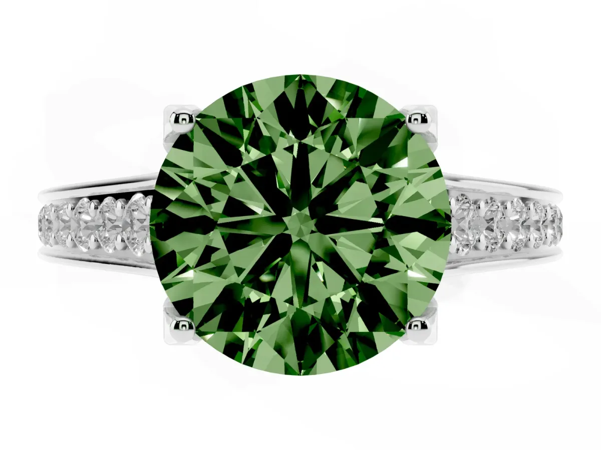 Fancy Green Round Cut Brilliant Cut Diamond Engagement Ring with Pavé Band and Four-Prong Setting Platinum
