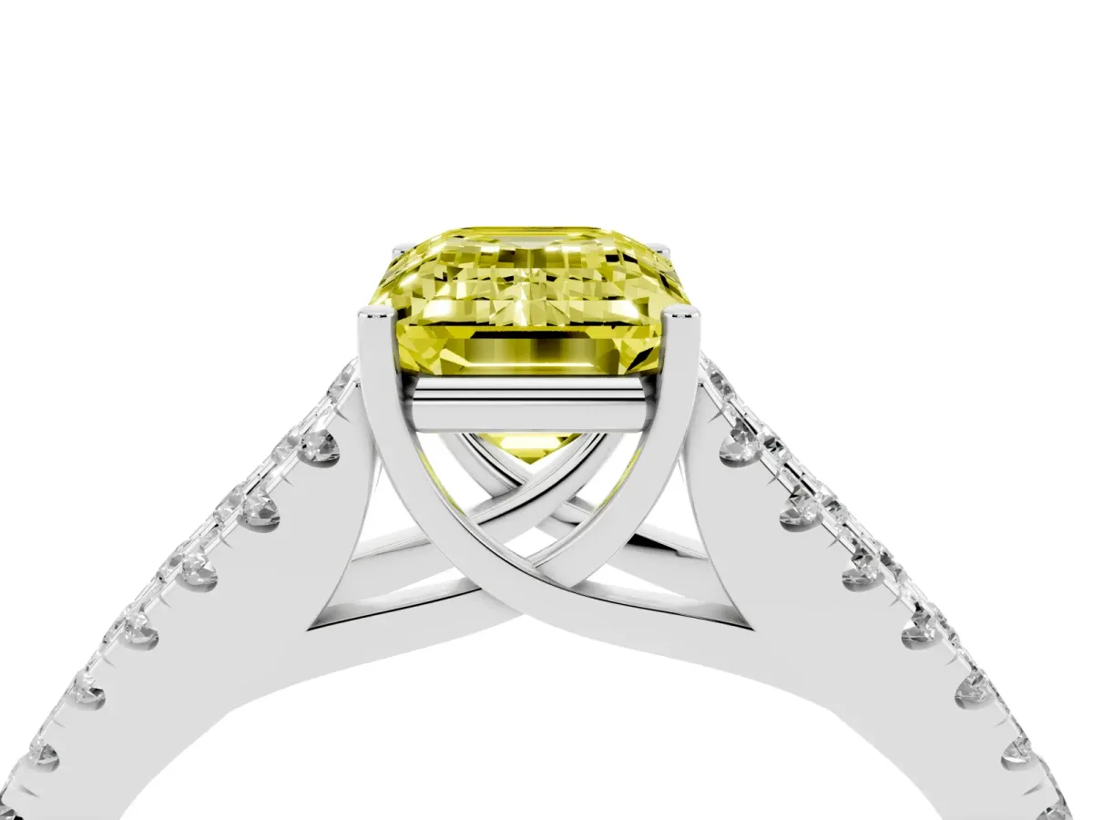 Fancy Yellow Emerald Cut Diamond Split Shank Engagement Ring with Round Pavé and Prong Setting Platinum