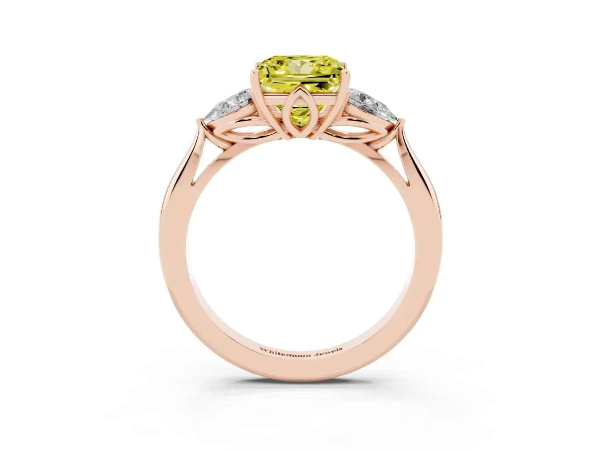 Fancy Yellow Three-Stone Princess Cut Diamond Ring with Pear Side Stones in Four-Prong Setting Rose gold