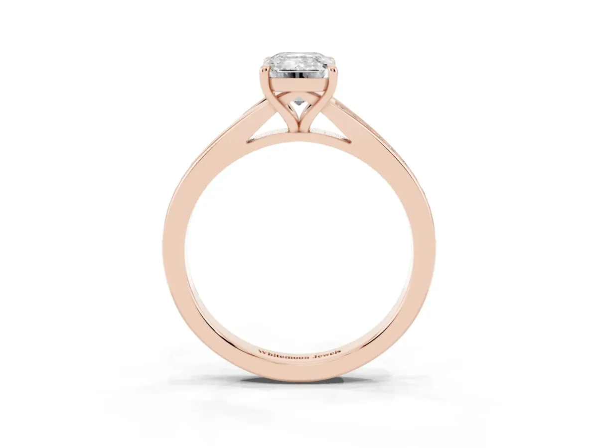 Emerald Cut Diamond Solitaire Ring with Pavé Band and Prong Setting Rose gold